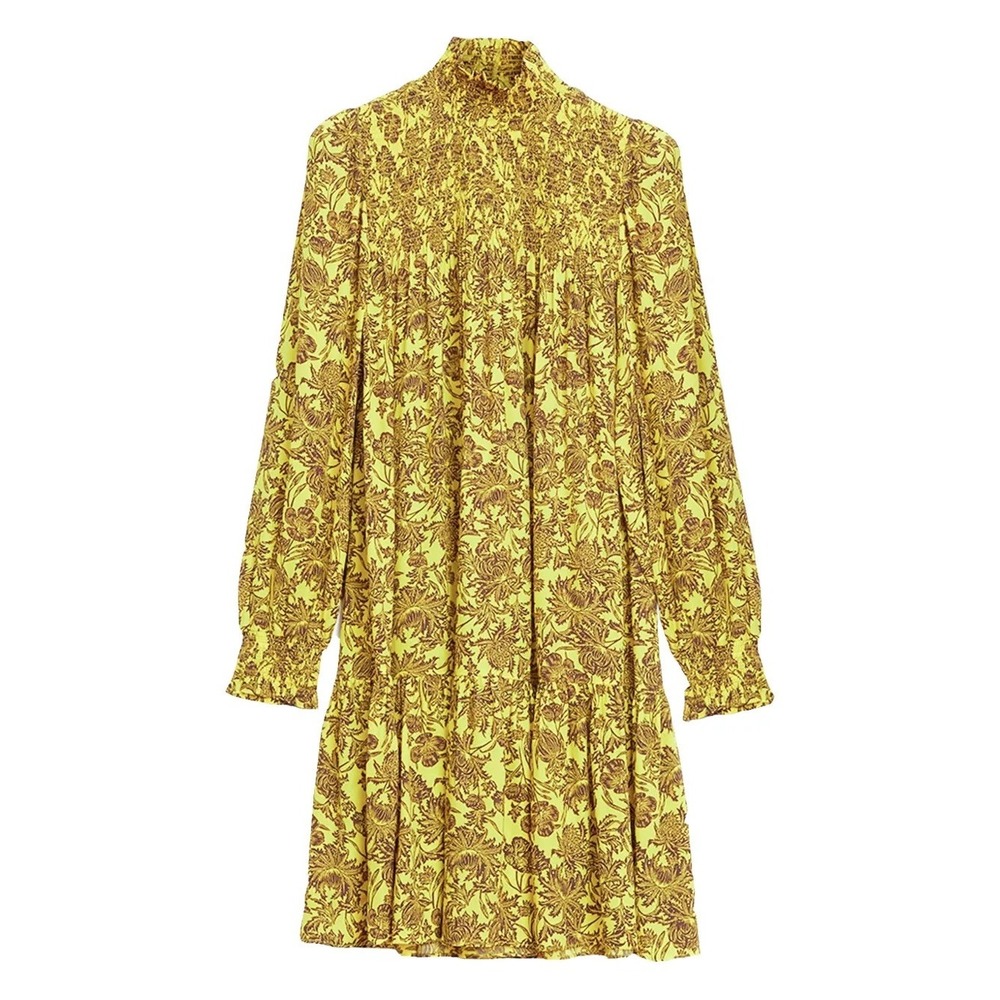 Cinq à Sept Yellow Floral Smocked Cuffs High Neck Long Sleeve Midi Dress Women 0